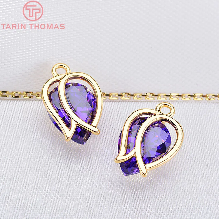 (858)4PCS 12x8MM 24K Gold Color Plated with Purple Zircon Hollow Flower  Charm Pendants for Jewelry Making Findings Accessories