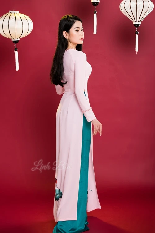 hand-painted lotus tailored aodai vietnam clothing cheongsam aodai vietnam dress two-piece Dress customize