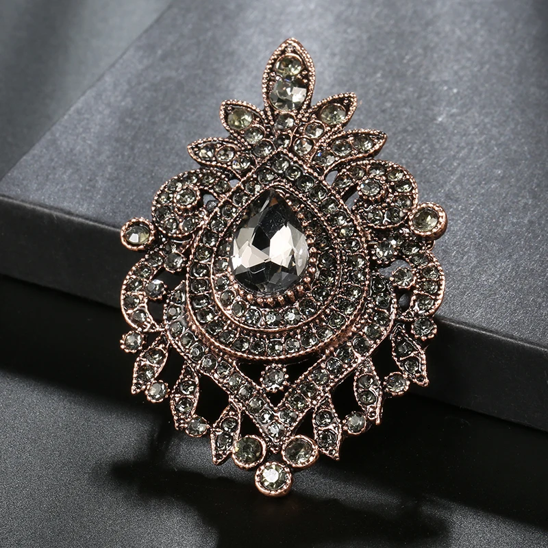 Kinel Vintage Gray Crystal Flower Brooch Ethnic Wedding Jewelry Antique Gold Color Hijab Caftan Pins Bohemia Bridal Brooch Gift