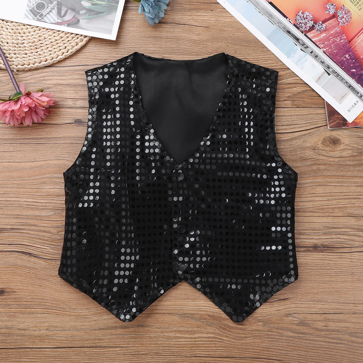 Boy\'s Sequins Stylish Waistcoats Vests Hip-hop Jazz Dance Party Dressy Costume Kids Boy Sequined Vests Children\'s Dancewear