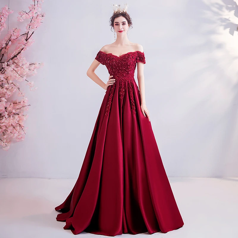 100% Real Pic Elegant Burgundy Evening Dresses 2020 Lace Applique Crystal Satin A Line Off Shoulder Long Prom Gowns Graduation