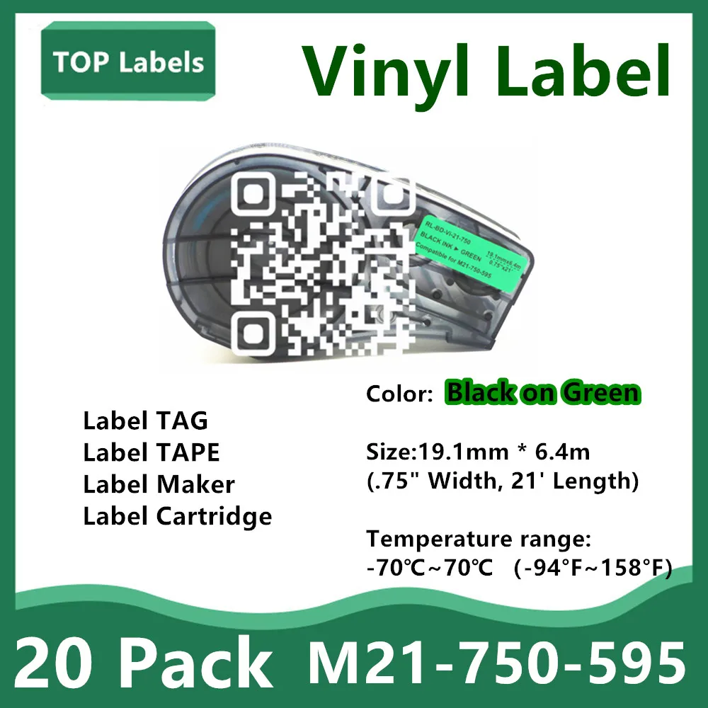 

20 Pack Label Tape M21-750-595 Ribbon Vinyl Labels Black on Green for BMP21-PLUS BMP21 LAB Laboratory,Equipment Labeling 19.1MM