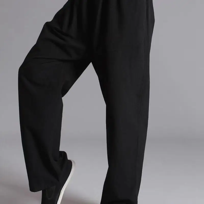 Men pants Cotton Chinese Traditional Men\'s Kung Fu Pants Wu Shu Tai Chi Elastic Waist Loose Long Trousers