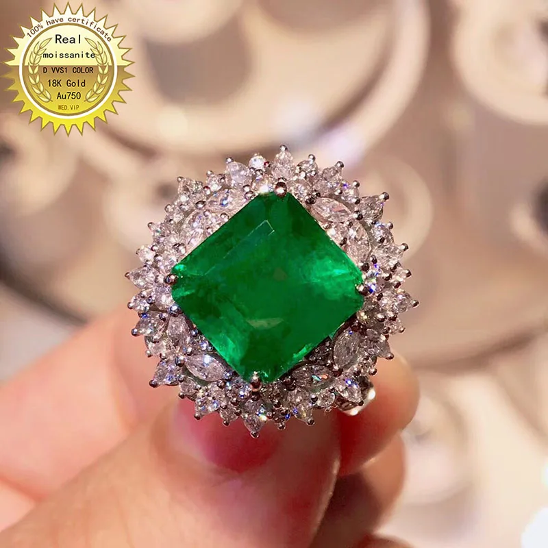 

10K Gold ring Lab Created 3ct Emerald and Moissanite Diamond Ring With national certificate Em-0017