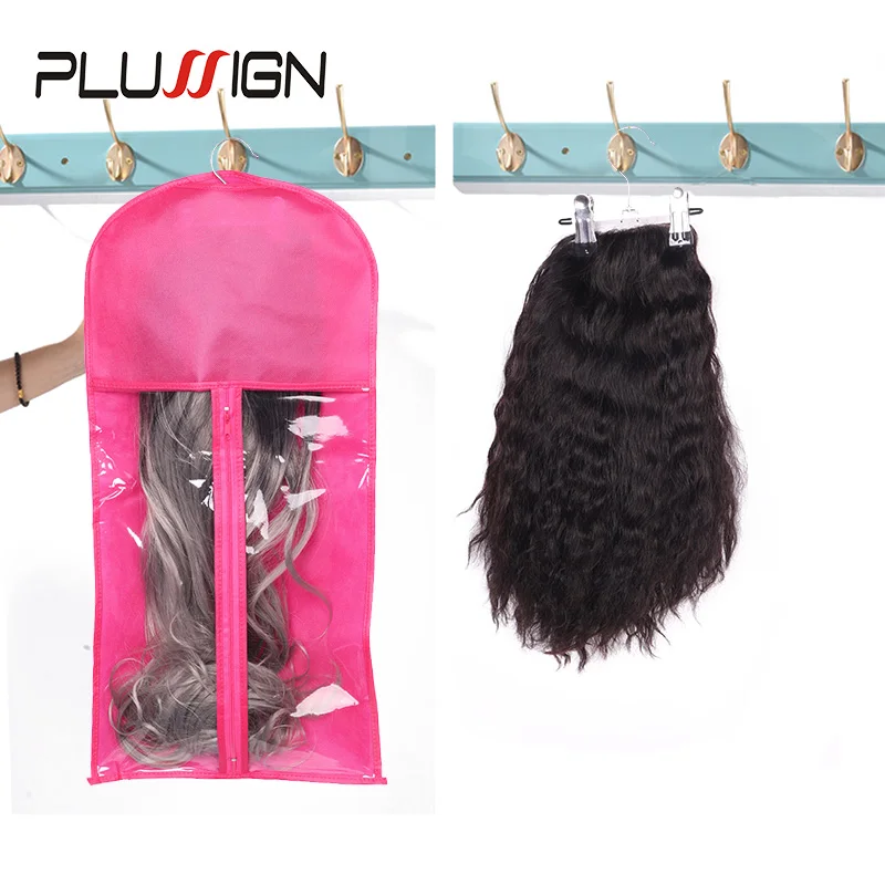 Plussign Wig Bag With Hanger Professional Wig Packaging Wig Bags Organizer Hanger 1 Set Cheap Wig Storage For Hair Extension