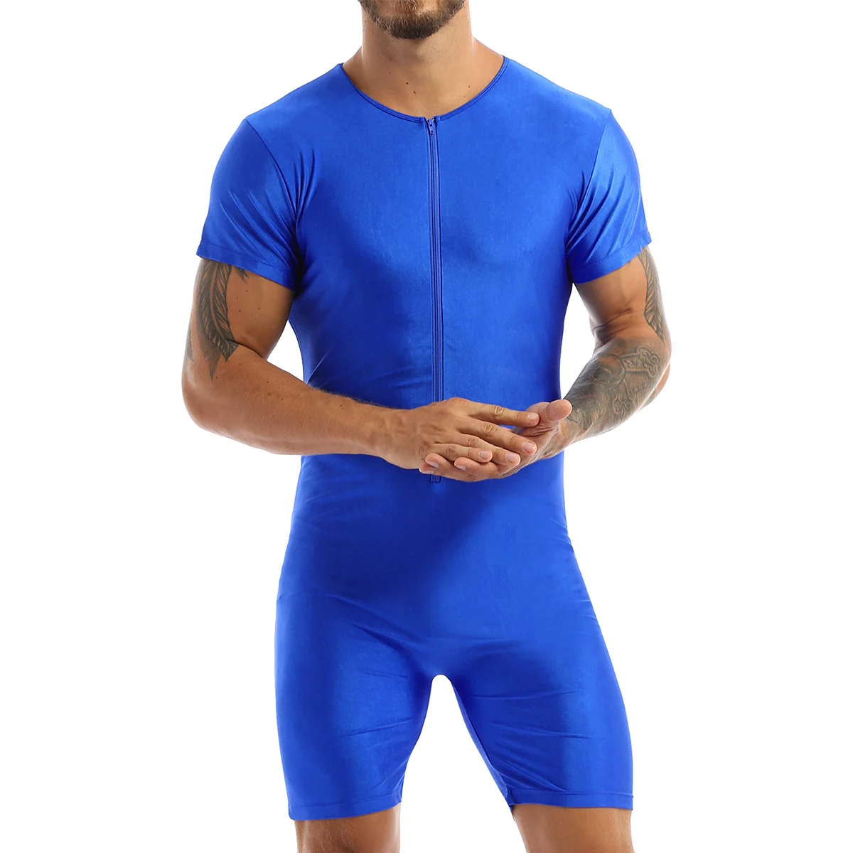 Men‘s Pajamas Undershirts One-piece Leotard Jumpsuit Male Short Sleeve Front Zipper Elastic Soft Boxer Briefs Bodysuit Swimwear