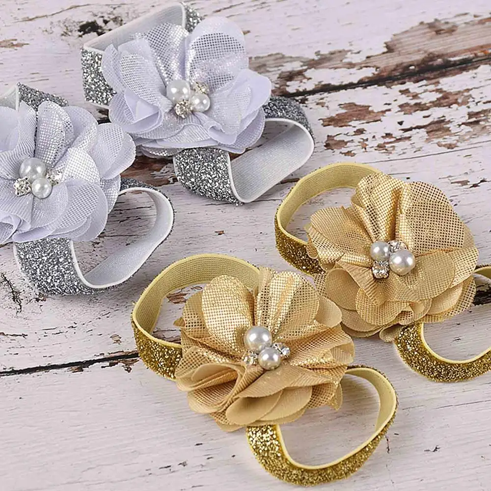 New Chiffon Flower Baby Barefoot Sandals Newborn Sandals Baptism Shoes Baby Girl Shoe Photo Props Birthday Shoes Newborn to 12M