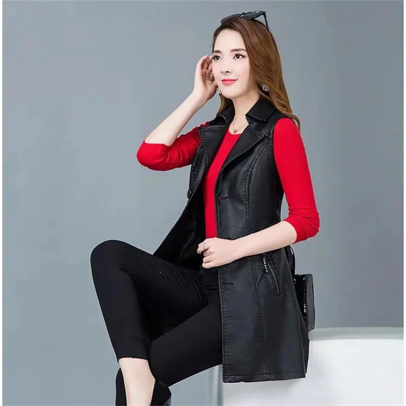 Veste en cuir PU noir pour femme, gilet long, cardigan en fibre trempée, manteau d\'extérieur en émail noir, 2021