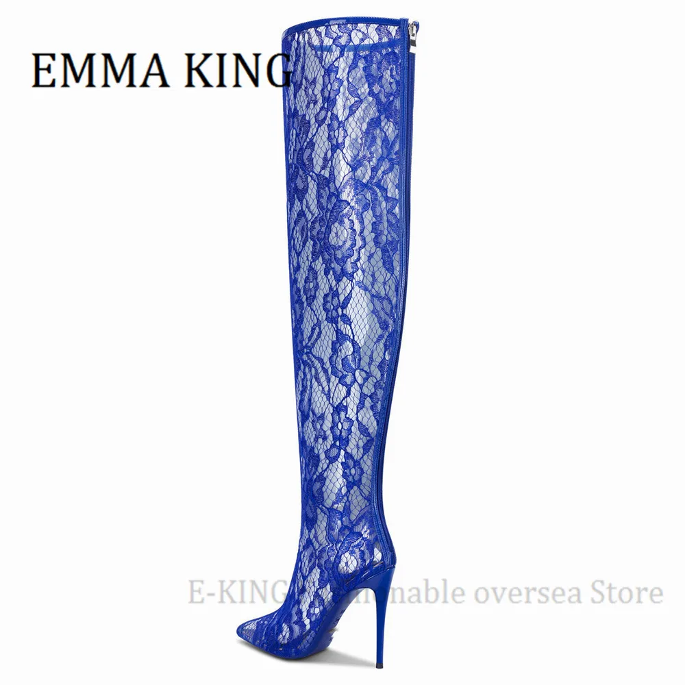 Lace With PVC Blue Thigh High Boots Sexy Pointed Toe Stiletto High Heels Long Boot Transparent Over The Knee Boot Plus Size 44