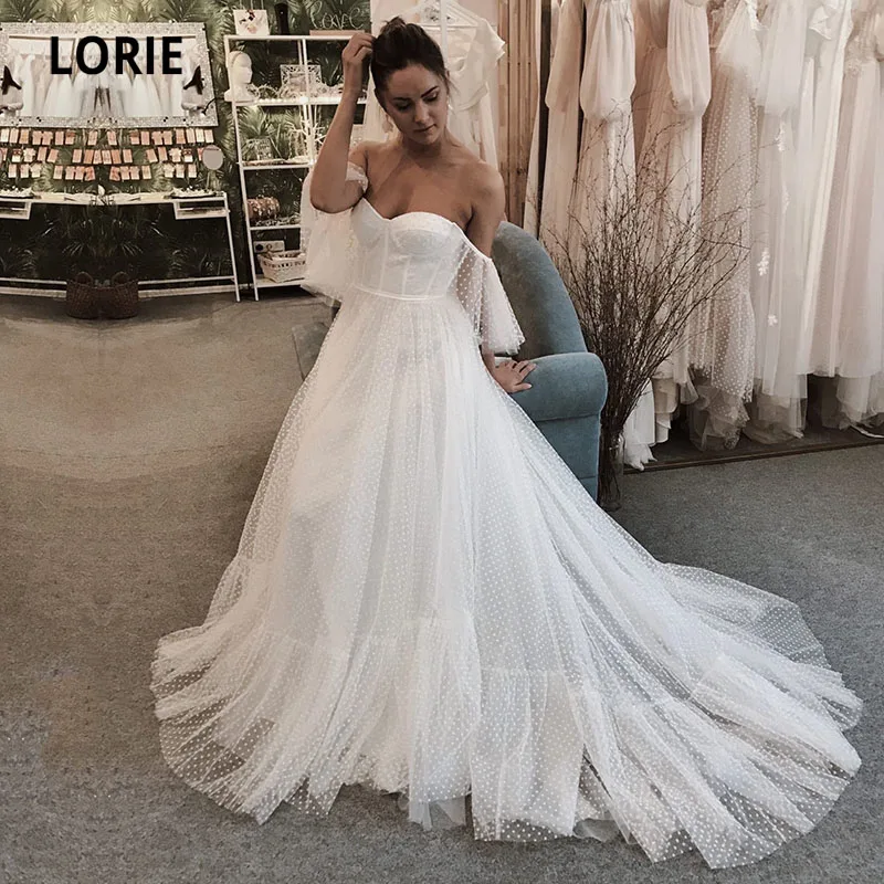 

LORIE Beach Wedding Dresses Bohemian Off Shoulder Polka Dot Long Puff Sleeves Wedding Gown Boho Bride Dress abito da sposa