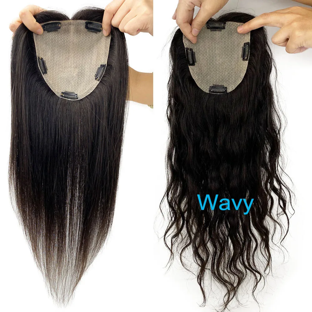 

6"x6" Silk Base Human Hair Topper 15x16CM Virgin European Hair Hair Piece with Clips In Hair Extension Natural Black For Women