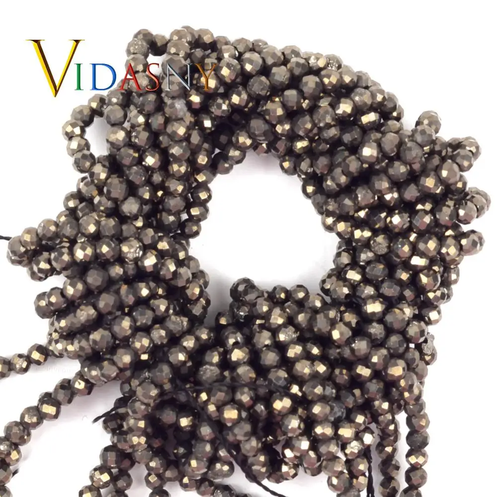 Natural Stone Faceted Pyrite Gemstones Diy Necklace Accessorie 2-4.5mm Spacer Loose Beads For Jewelry Making 15'' Wholesale