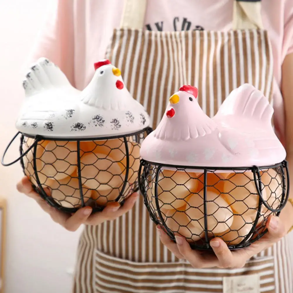 2021 Ceramic Iron Egg Storage Basket Snack Fruit Basket Creative Collection Ceramic Hen Ornaments Decor Kitchen Accessories New