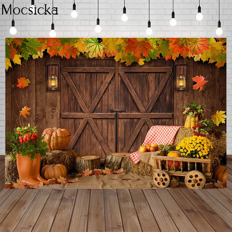 Autumn Photography Backdrops Fall Maple Leaf Pumpkin Brown Wooden Door Props Child Portrait Cake Smash Background Photo Studio