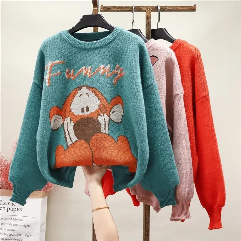 Korobov 2021 New Cute Autumn Sweaters Korean O Neck Long Sleeve Oversize Sueter Mujer Japanese Kawaii Cartoon Knitted Sweater