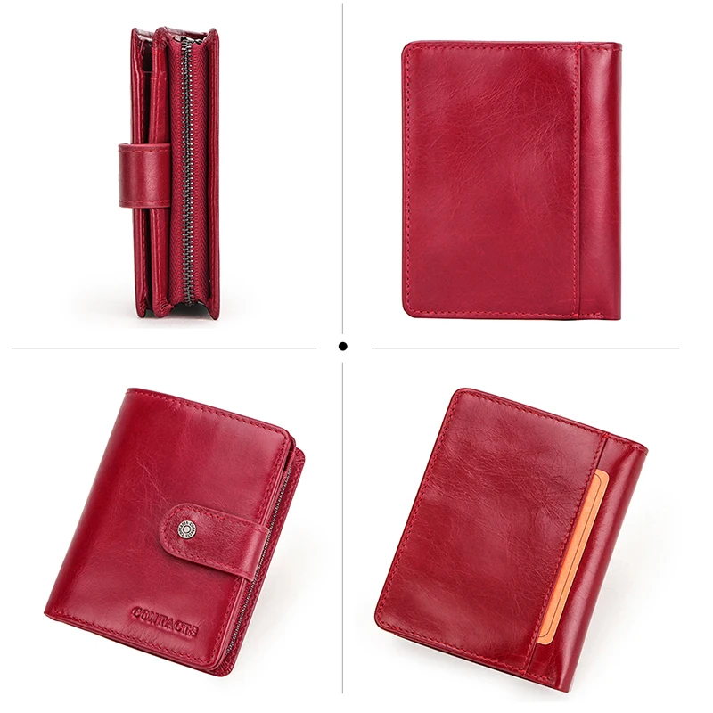 Contact\'S Genuine Leather Wallets Women Men Wallet Short Small RFID Blocking Card Holder Wallets Ladies Red Coin Purse