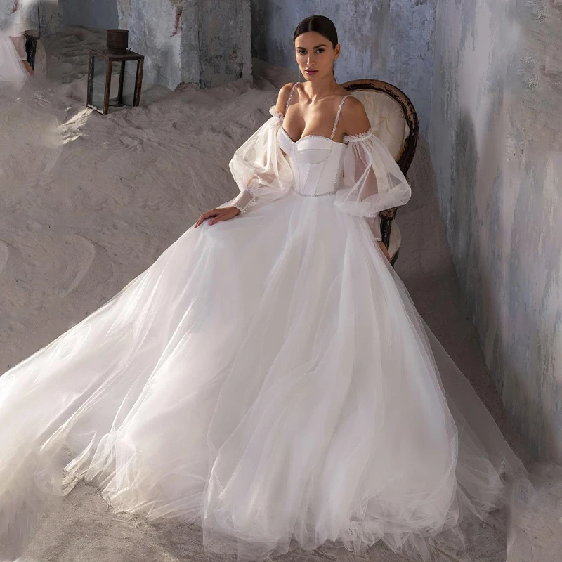 

Glitter Spaghetti Straps Long A-line Beach Wedding Dresses Removeable Sleeves Boho Mariage Bridal Gowns Vestidos