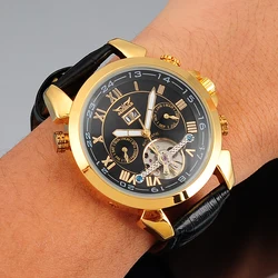 JARAGAR Mens Watches Top Brand Luxury Auto Day Date Self-wind Mechanical Male Clock Skeleton Tourbillon Wristwatch Leather Strap