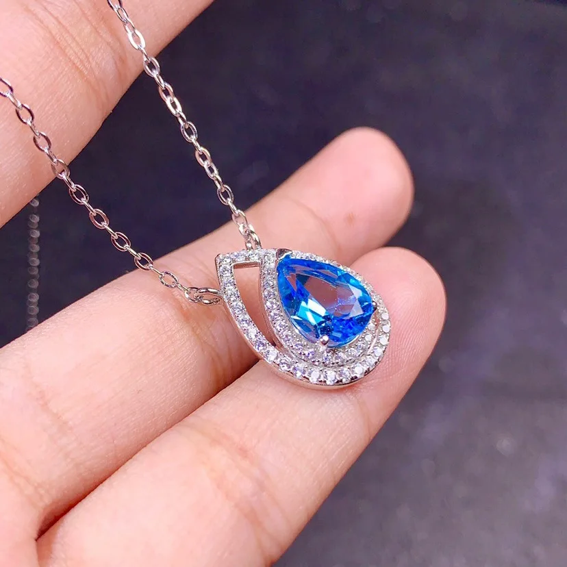 

925 Silver Natural sapphire Blue Water Drop of The Ocean Necklace Pendants for Women Classic Valentine Gifts Embellished