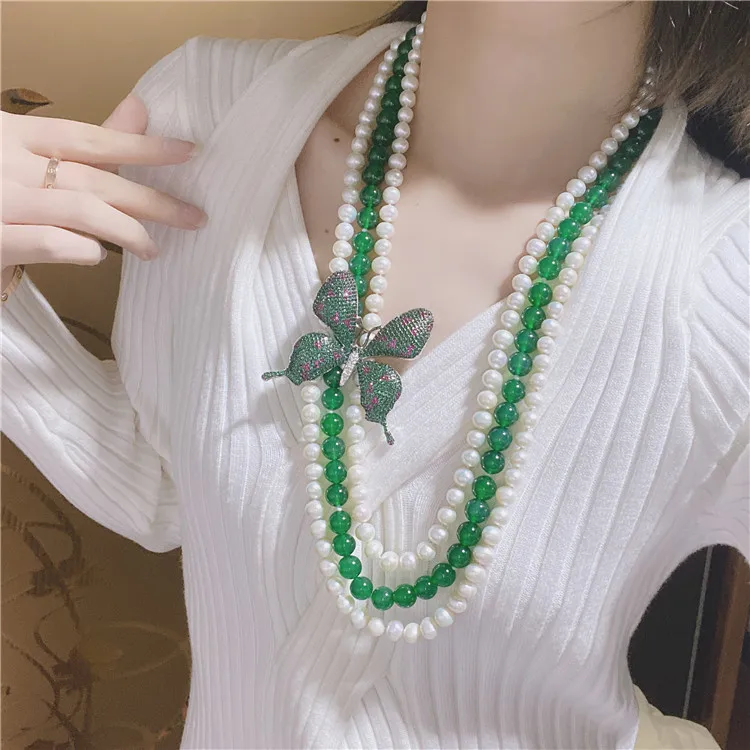 

20" 3 Strands White Pearl Green Jade Necklace Buttyfly CZ Pendant