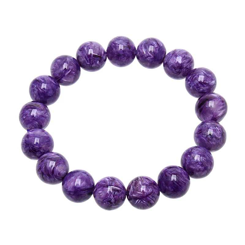 

12-16mm AAA Genuine Natural Round Stone Purple Charoite Stretch Bracelet-8"