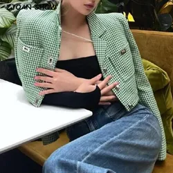 Retro French Style Green Check Plaid Weavon Blazer corto donna bottoni con fibbia in metallo dentellato abito a vita alta cappotto corto Outwear