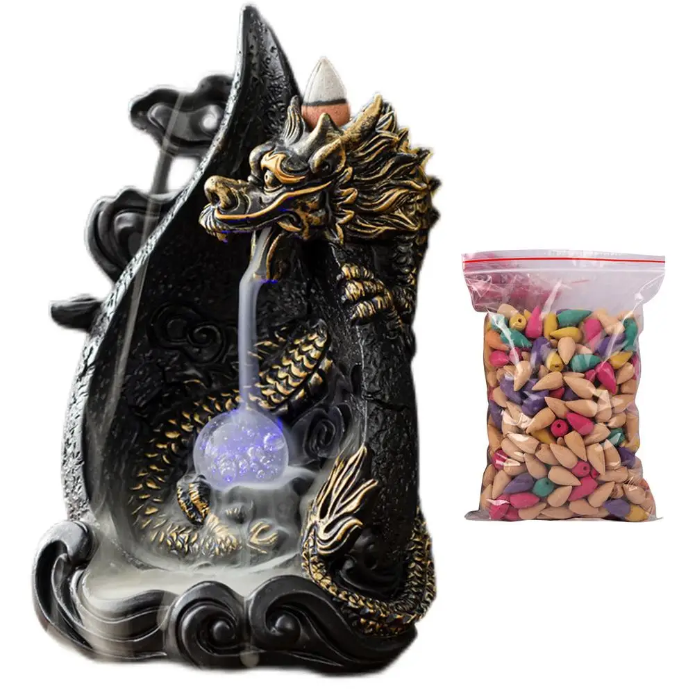 Dragon Incense Holders Waterfall Incense Burner Backflow Handcraft Incense Burner With 40 PCS Incense Cone Resin Aromatherapy Or