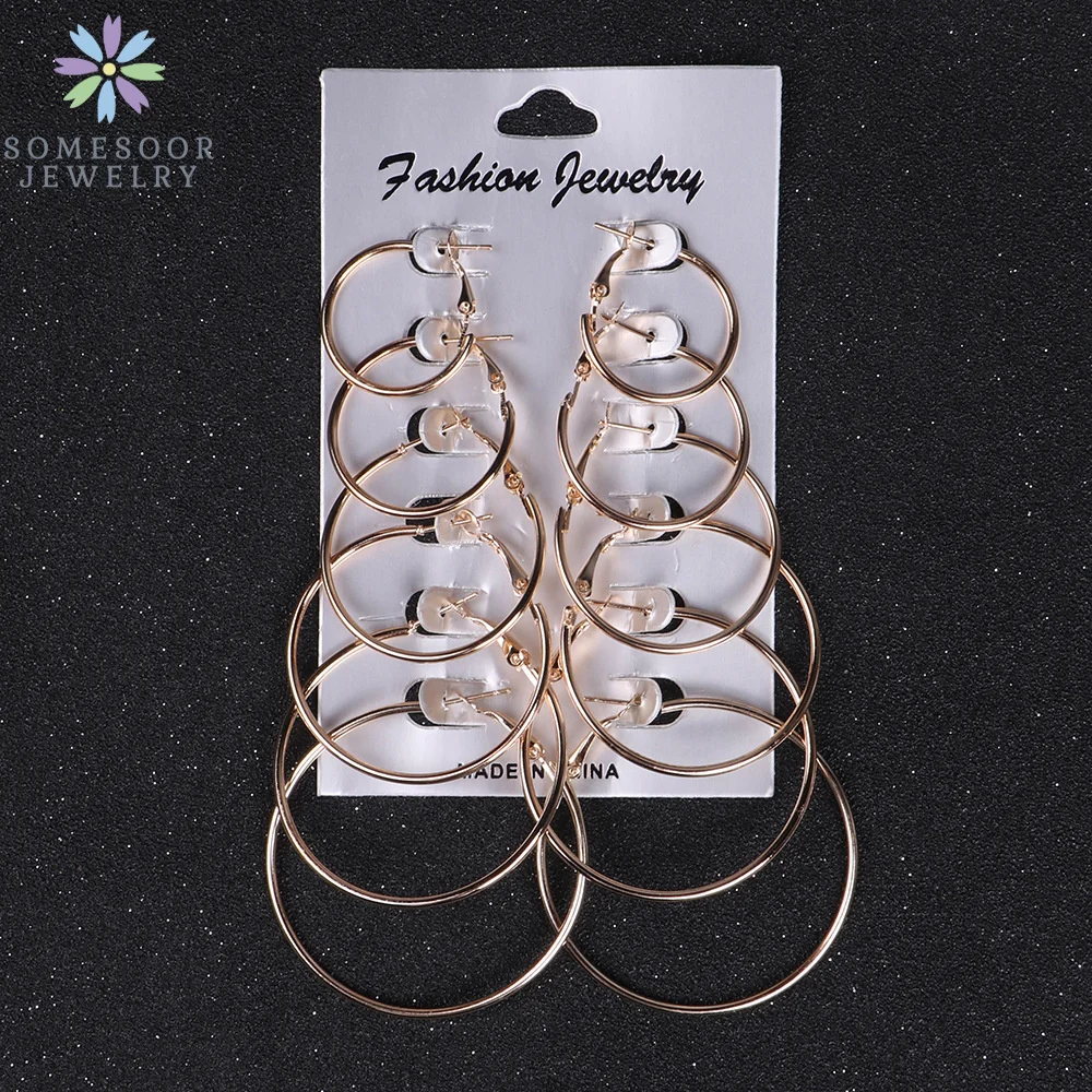 SOMESOOR Silver Golden Colors Simple Punk Hoops Earrings Big Circle Fashion Hiphop Loops Jewelry For Women Girls Gifts 6Pairs