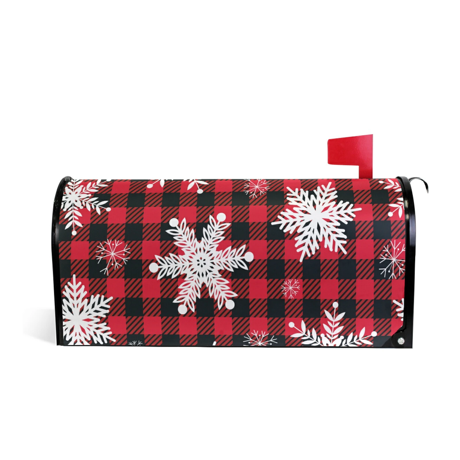 

Christmas Snowflakes Red Plaid PVC Magnetic Mailbox Cover Waterproof Sunscreen Letter Post Box Cover Mailbox Wrap Garden Decor