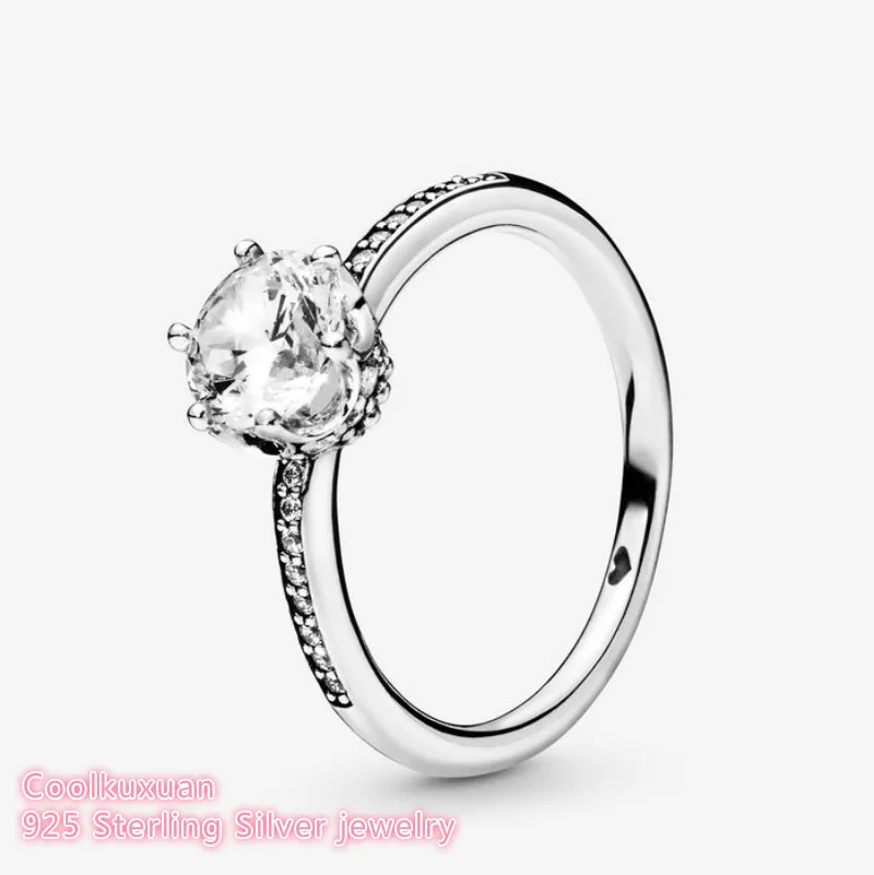 

100% 925 Sterling Silver Clear Sparkling Crown Solitaire Ring For Women Wedding Gift Original Jewelry Accessories