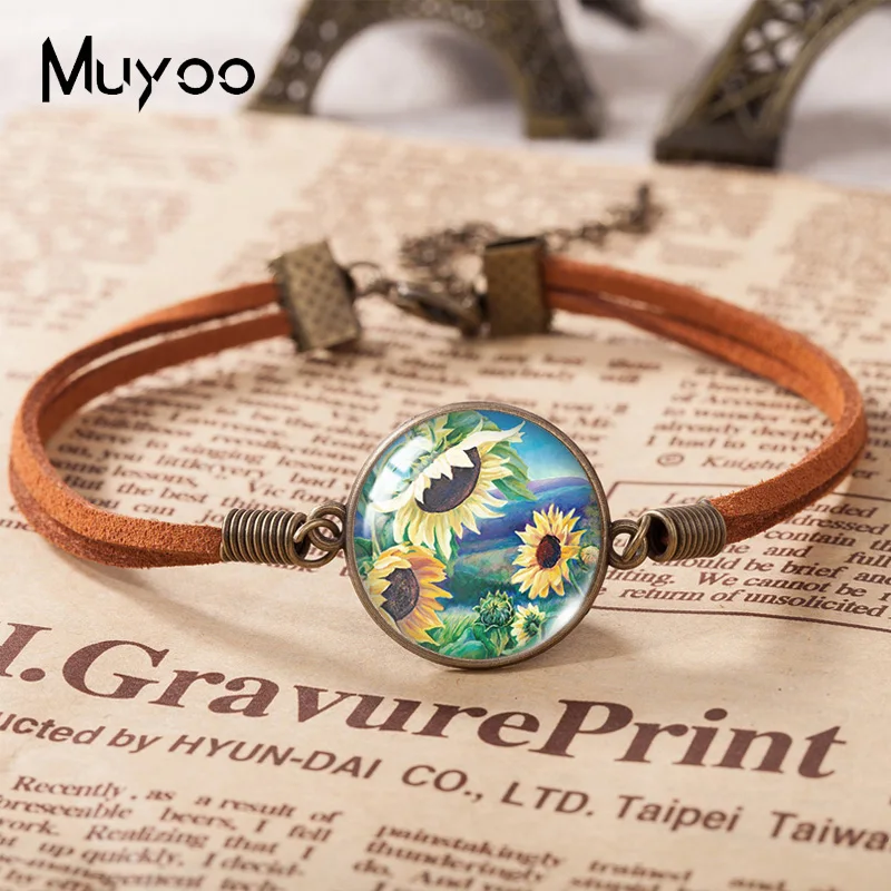 2021 New Sunflower Field Leather Bracelet New Beginnings Glass Dome Photo Bracelets Handmade Jewelry For Women