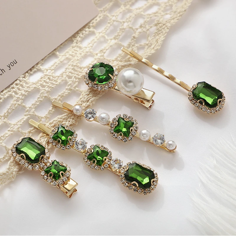 2020 New Green Crystal Hair Clip Hairpins for Women Fashion Simulated Pearl Hair Accessories Set Luxury Wedding Female Ornaments