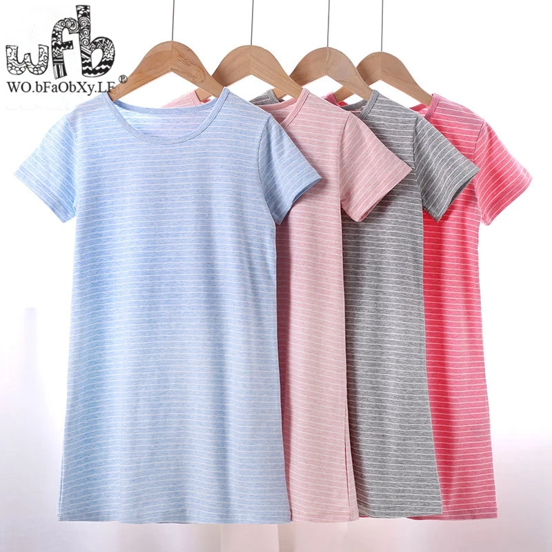 Retail 3-16 years cotton children's home wear nightdress girl autumn fall summer short-sleeved stripped