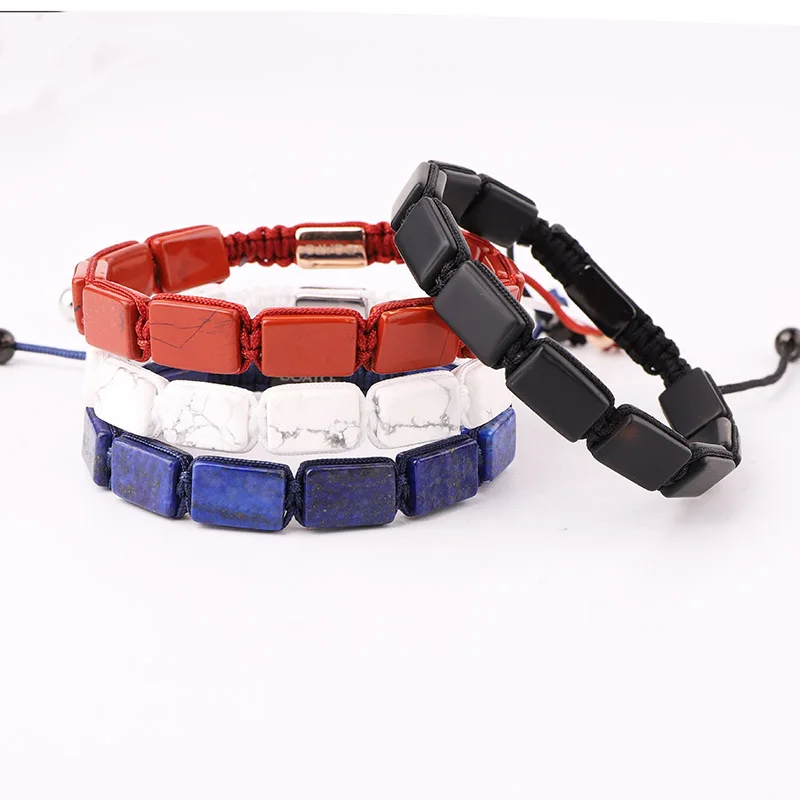 

Classic Design Natural Stone Square Beads Lapis Onyx Howlite Red Jasper Braided Bracelet Men