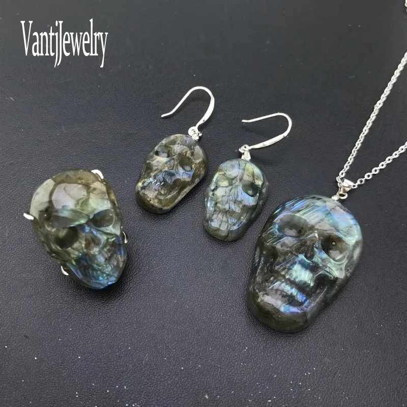 

Real Natural Labradorite Skull Jewelry Sets Sterling 925 Silver Moonstone Sunstone for Man Women Party Birthday Jewelry Gift