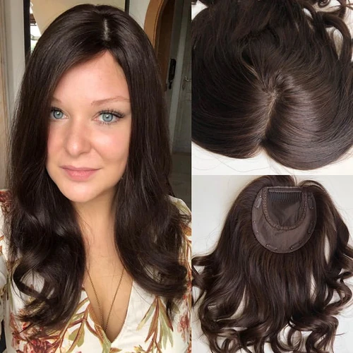 Imagen 2 del producto Peluca de cabello humano de color marrón oscuro para mujer, peluquín virgen europeo de 8 ""X8"" con parte superior de seda, peluquín con Clips