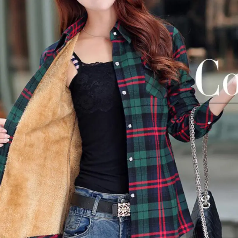 Autumn Winter Clothing New Korean Version Of The Plaid Plus Velvet Women Blouse Thick Warmth Slim Sweet Ladies Shirt