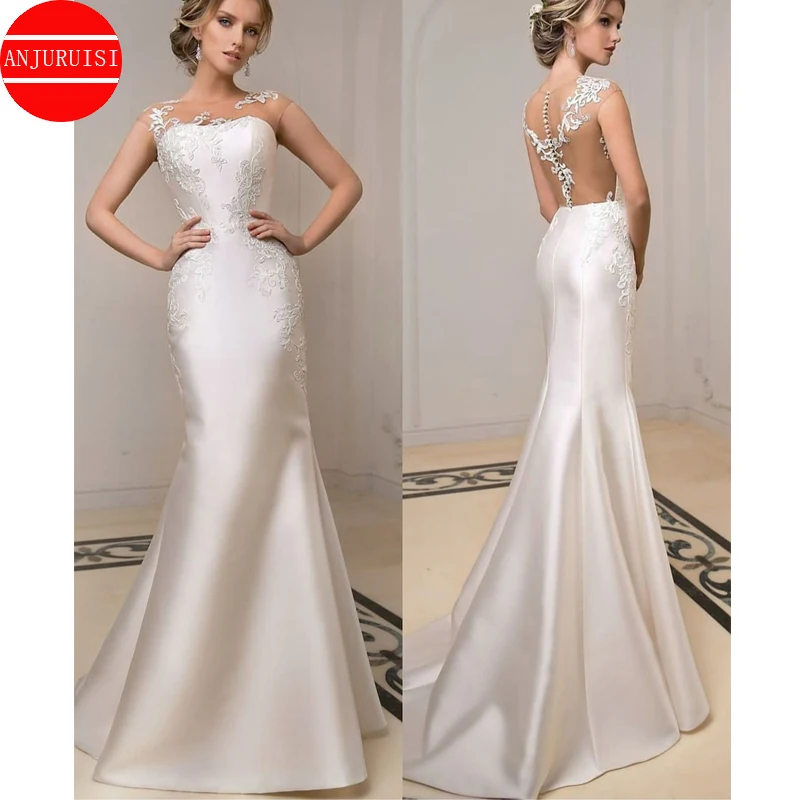 

Elegant Cap Sleeves Wedding Dress Mermaid Satin Sexy Lace Appliques Vestido De Novia 2022 Bride Gown Robe Mariage Boda Trouwjurk