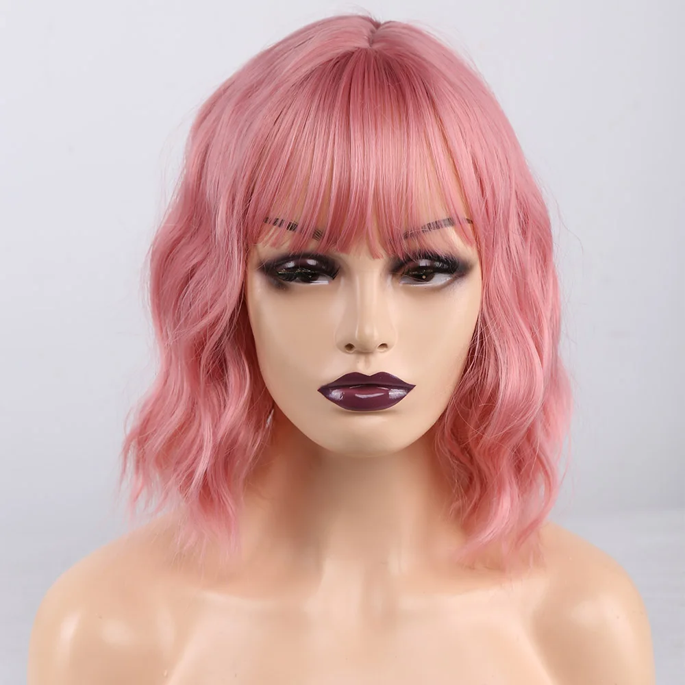 Amir Short Wavy Synthetic Wigs Pink brown Blonde Bob Wigs for Black Women African American with Bangs Heat Resistant Cosplay Wig