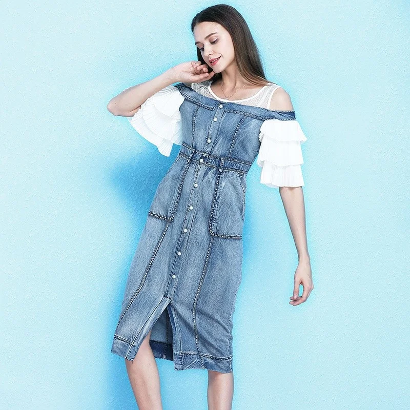 Brand Top Sexy Off The Shoulder Medium Length Womens Denim Dresses Half Pleated Sleeve Pearls Split Hem Ladies Slim Fit Dresses