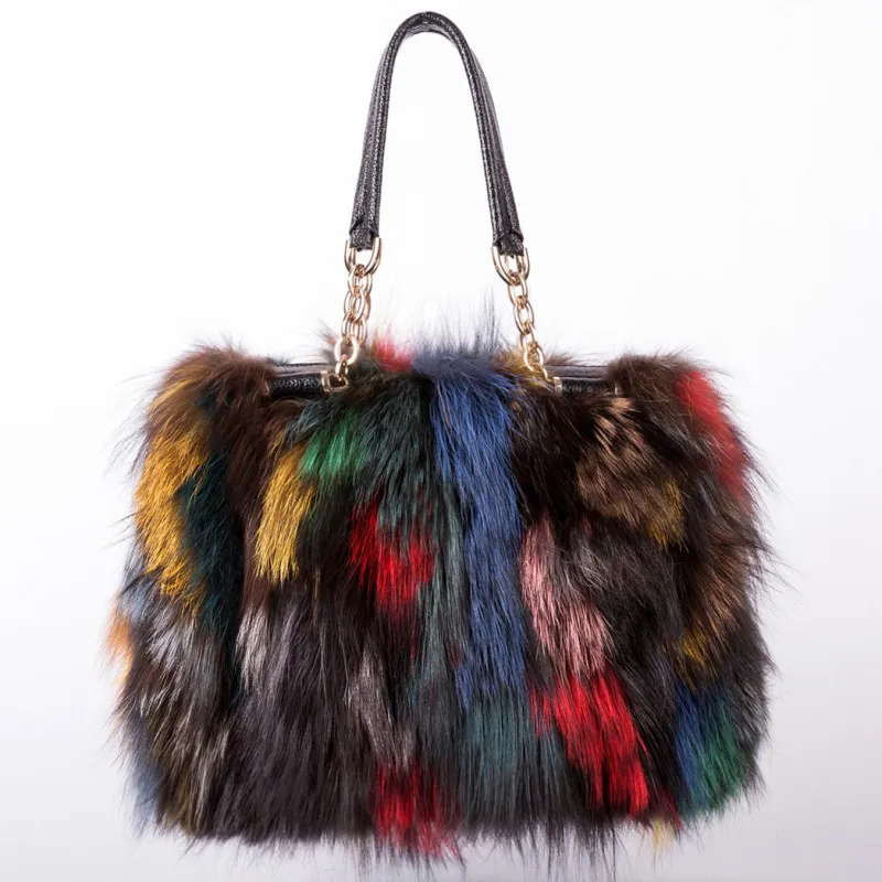 Sac à main de luxe en cuir pour femmes, en vraie fourrure de renard, multicolore, marque de fête, à bandoulière, de styliste, de soirée