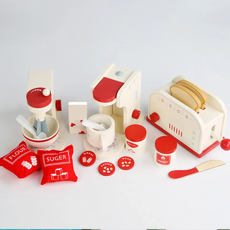 Houten Keuken Pretend Play Set Speelgoed Voor Kinderen Simulatie Ontbijt Koken Machine Blender Fast Food Brood Pizza Koffie Machine