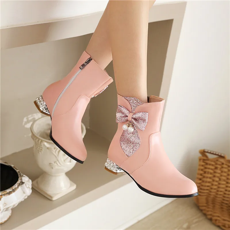 YQBTDL 2023 Winter Sweet Girl's Bling Bowtie Crystal ankle Boots Chunky Heels Pink White Black Party Lolita Shoes for women