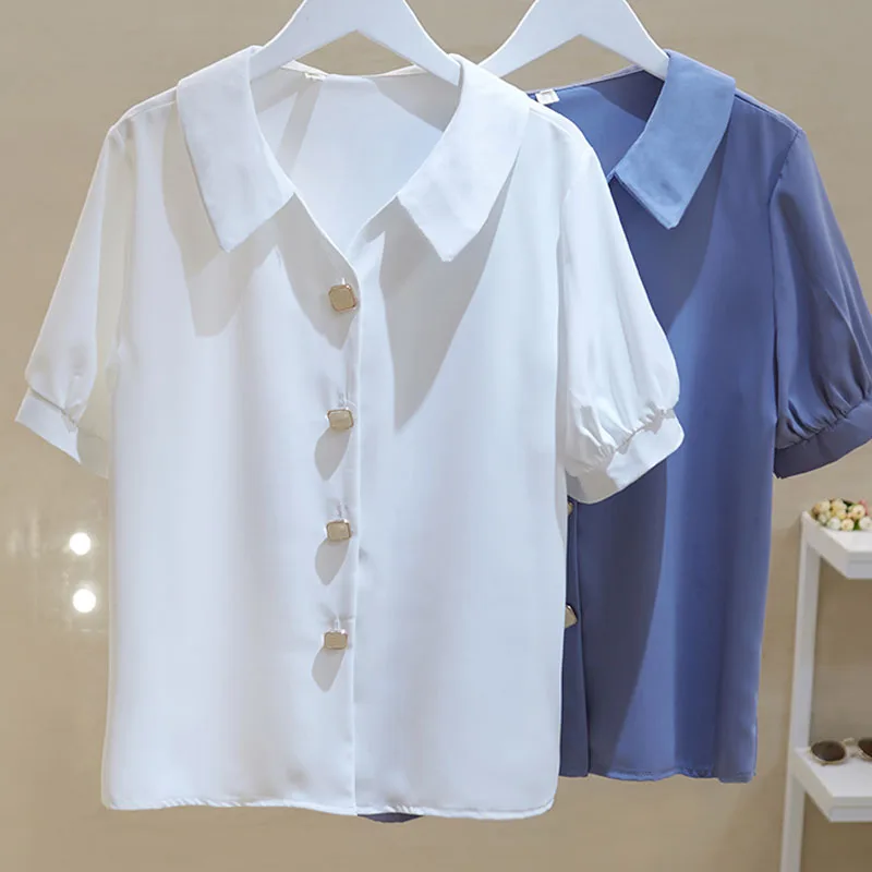 Blusas Mujer De Moda Elegant Solid V-neck Chiffon Shirt Women\'s Short Sleeve Loose Clothing Tops Female White Blue Blouse 2354