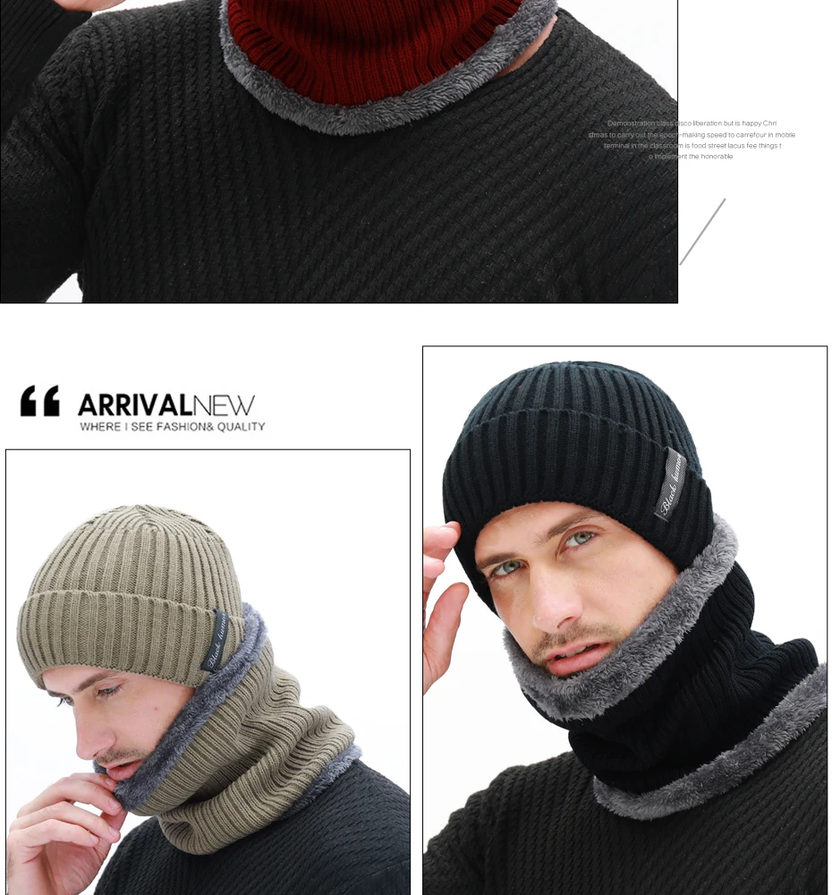 Winter herren Schal Gestrickte Hut Set Maske Warm Caps Plus Samt Dicke Mützen Für Männer Skullies Mützen Frauen Kappe mode Balaclava – Detail 7