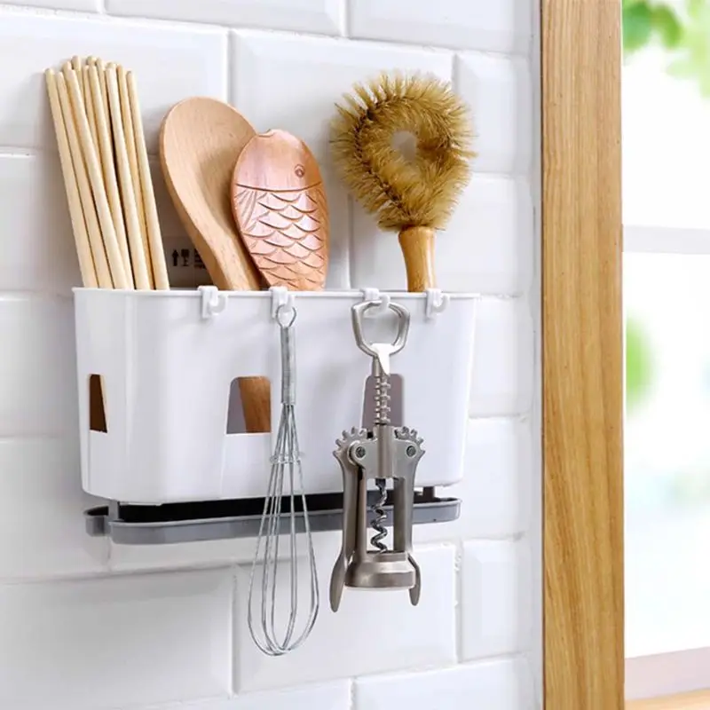 Wall Mounted Cutlery Drainer Rack with Drip Tray Utensils Organizer Spoon Fork Chopsticks Holder Caddy Kitchen Gadget Storage