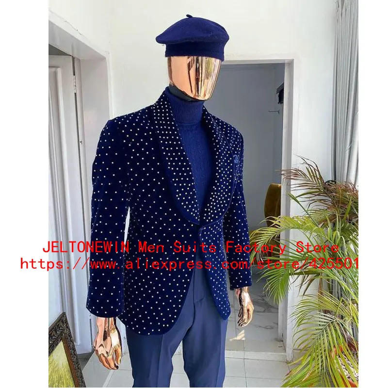 

2021 New Arrival Groomsmen Navy Blue Beads Velvet Groom Tuxedos Formal Costume Men Suits For Wedding Party Best Man Blazer Pants