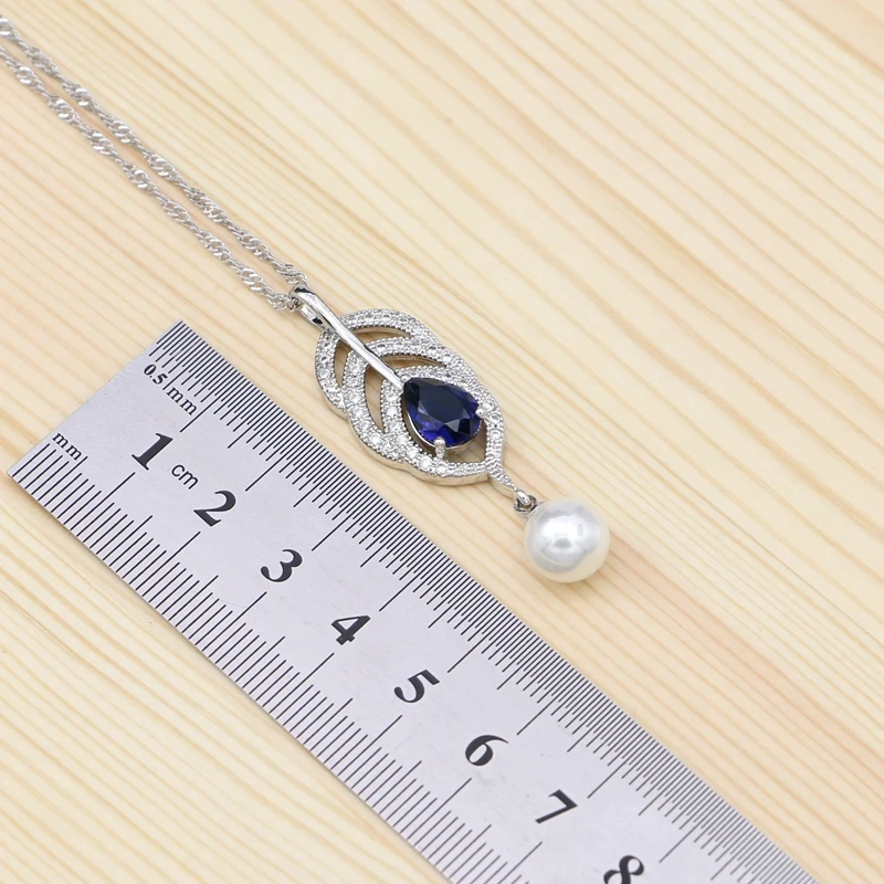 925 Silver Jewelry Set For Women Engagement Gift Blue Stone White Pearl Heart Shape Bracelet Necklace Pendant Earrings Open Ring