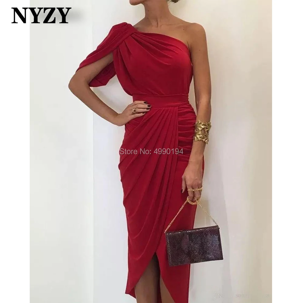 

NYZY C255 One Shoulder Tea Length Wedding Party Guest Dress Burgundy Jersey Vestido Robe Cocktail Dresses 2020