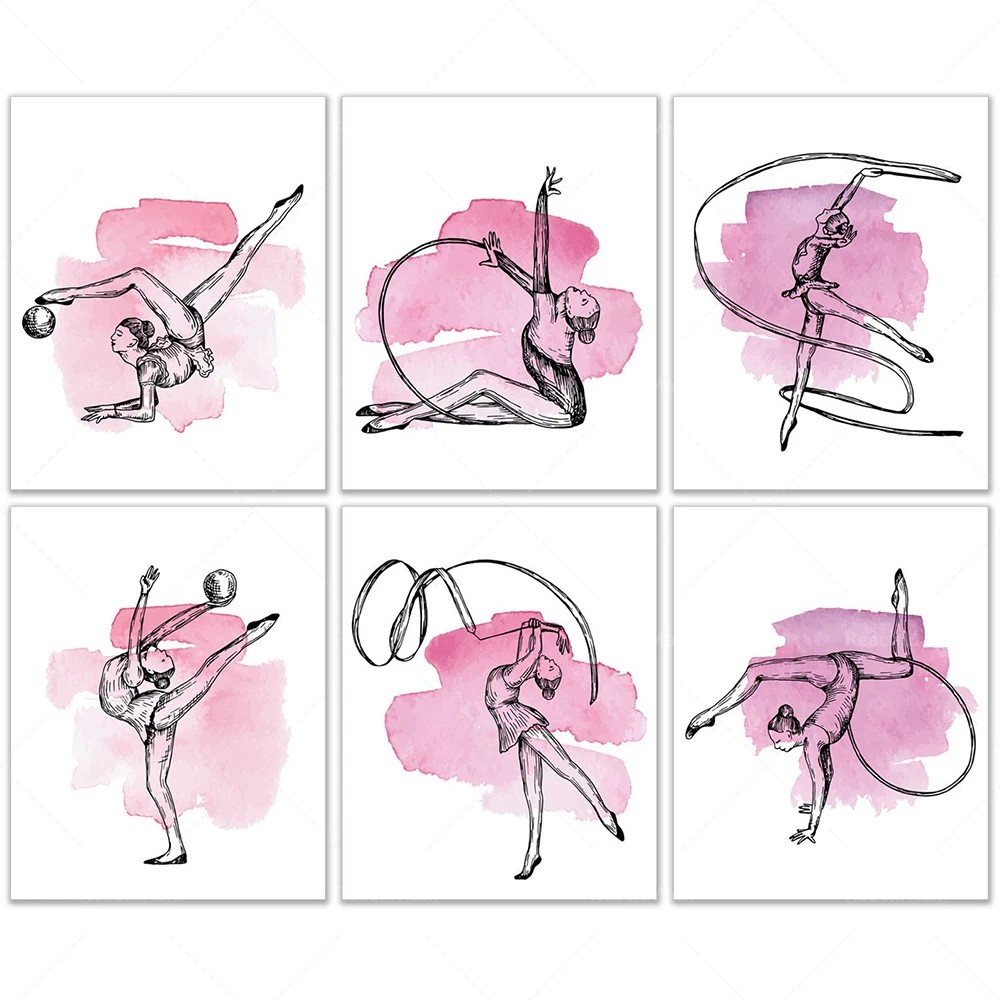 Girl Gymnastics Wall Art Deco Prints-Set of 6 Poster Images-Pretty Pink Room-Dancing Decoration Ballroom Poster